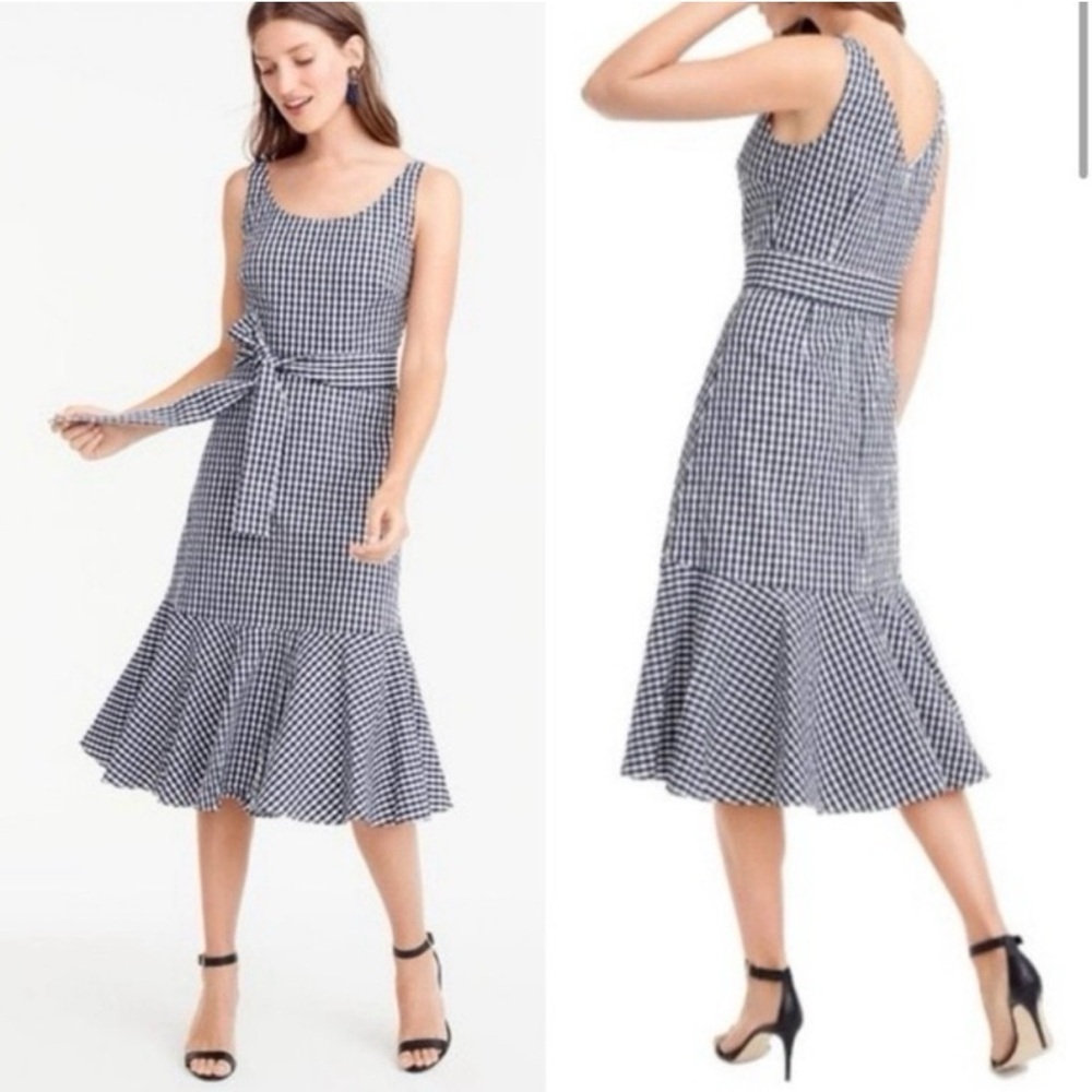 J. Crew Navy & White Gingham Tie-Waist Midi Sleeveless Dress with Ruffle Hem